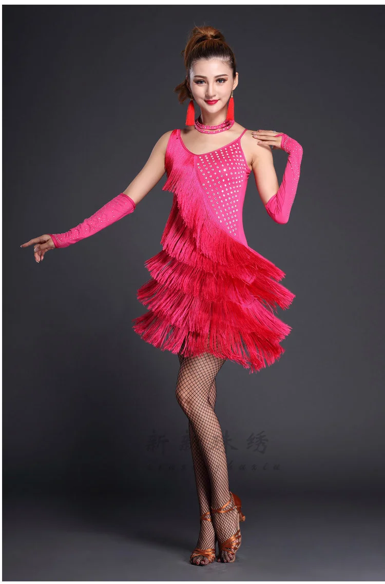 Rose red Красный костюм для латинских танцев, женская одежда для сальсы, танцевальный костюм, платья для Бальных соревнований, платья для танго, взрослых, с бахромой, золотые блестки - Цвет: Rose red