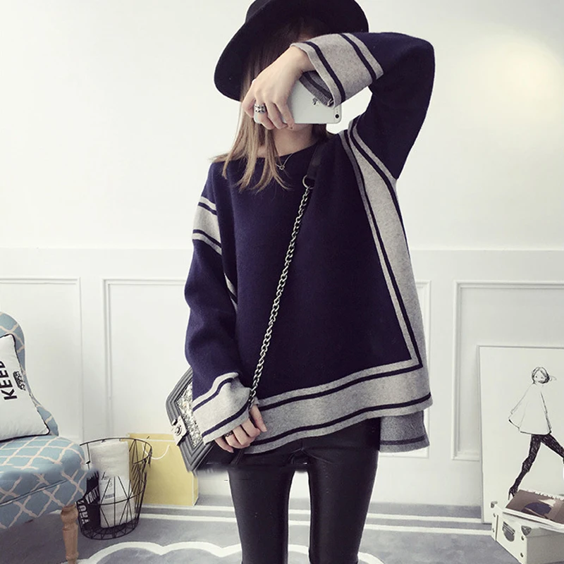 Осенне зимняя теплая одежда для беременных модный Контрастный ЦВЕТНОЙ свитер