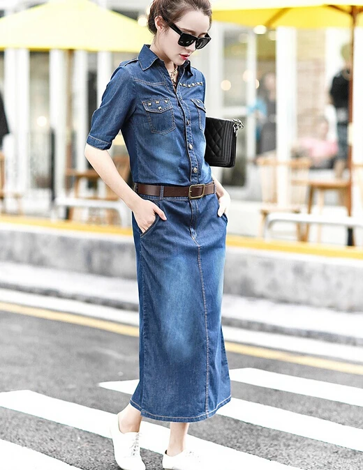 Весеннее женское джинсовое платье летнее с коротким рукавом и отворотом макси