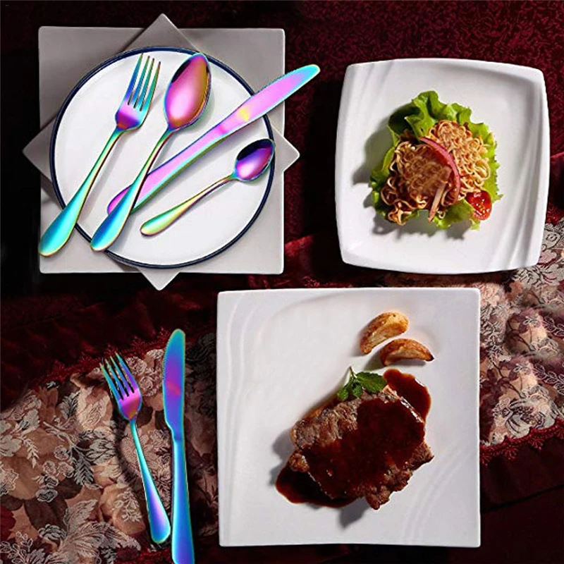 

24 PCS Rainbow Colorful Gold-Plated Stainless Steel Cutlery Spoon Four-Piece Set For Hotel Tableware Gift Party Supplies