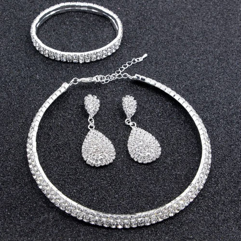 Venda quente Classico de Noiva Strass Cristal Gargantilha Colar Brincos e Pulseira Conjuntos Joias Casamento Acessorios|colar brinco|conjunto