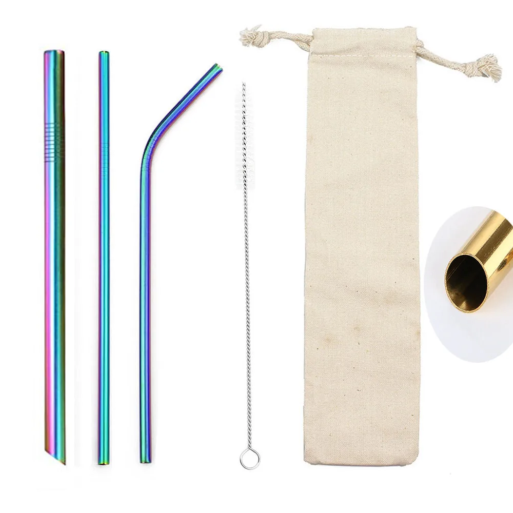 5pcs 304 Stainless Steel Sharp Pointy End Straw Reusable Metal Drinking Straws Set with Brush Bag For Home Party Bar Accessories