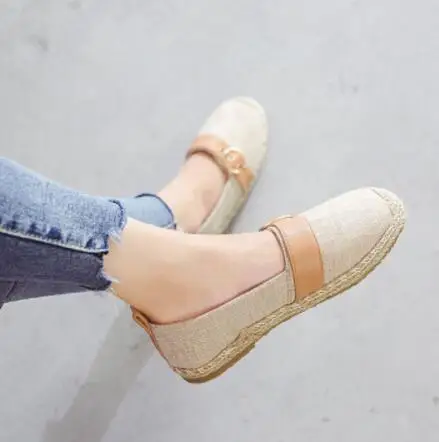 beige Женская парусиновая обувь; Эспадрильи на плоской подошве; женская обувь на толстой подошве с металлической пряжкой; лоферы с соломенной веревкой; chaussures femme; s269 - Цвет: beige