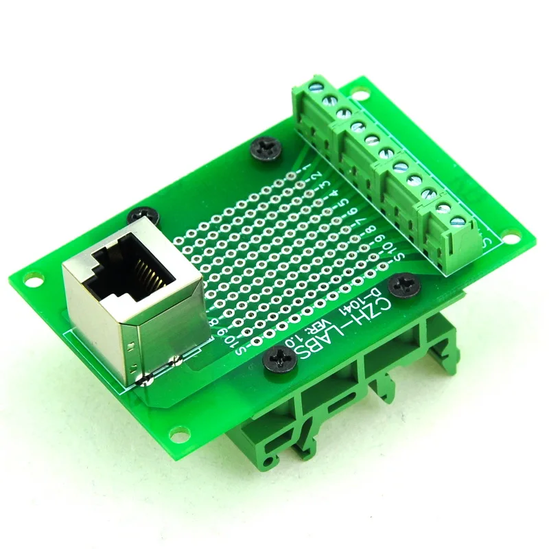 

RJ50 10P10C Interface Module with Simple DIN Rail Mounting feet, Vertical Jack.