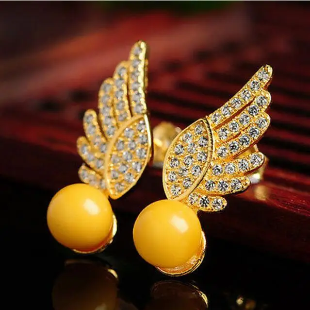 

Pure S925 Sliver Earrings Yellow Beeswax Best Gift Angel Wing Stud Earrings