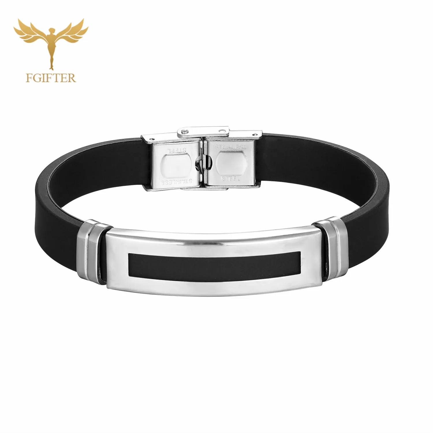 silver cuff bracelet Fgifter, нержавеющая сталь, Серебряный Браслет-манжета, черная резина, для женщин и мужчин, унисекс, ручной браслет, браслеты, ювелирные изделия - Окраска металла: silver cuff bracelet