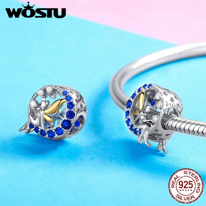 WOSTU Lunar Moon& Fairy Elf аамулеты, 925 пробы, серебристые, синие, CZ бусины, подходят к оригинальному браслету, ожерелью, сделай сам, изготовление ювелирных изделий, FNC070
