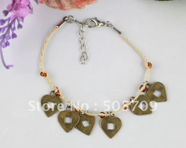 

24pcs Antiqued bronze Heart Charms Raffia Bracelets #21659