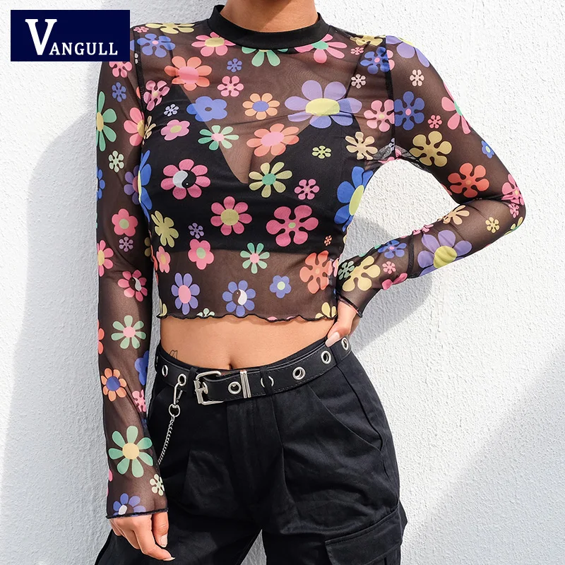 Vangull Black Mesh Сексуальная футболка Для женщин с длинными рукавами принтом Короткие