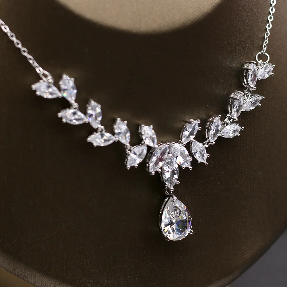 Ожерелье с кубическим цирконием Marquise, серьги, ювелирные наборы для свадьбы, дизайн растений, циркониевый камень, колье с каплевидными серьгами, подарки