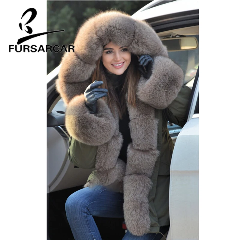 FURSARCAR 2021 New Fashion Natural Real Fur Parka Women Thick Rabbit Lining Fox Fur Hood  Long Luxury Winter Fur Parkas