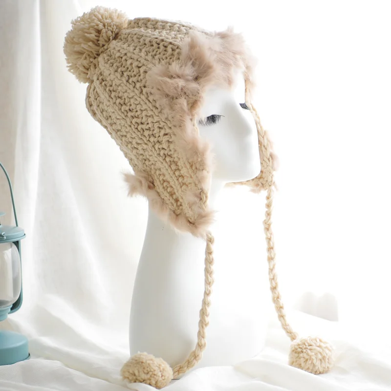 Knitted hat women's rabbit fur ear protector cap autumn and winter wool ball female handmade knitted thermal/Beanies | Аксессуары