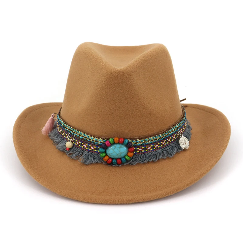 QBHAT 2020 Handmade Wide Brim Cowboy Fedora Wool Felt Jazz Hat Cap Ethnic Ribbon Decor Men Women Carnival Hats for Unisex | Аксессуары