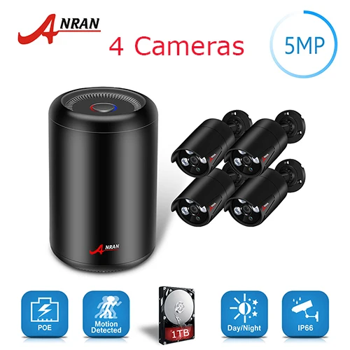 ANRAN CCTV H.265 8CH HD POE NVR 5.0MP 1920P Массив ИК День Ночь Открытый Пуля безопасности IP POE камера система с жестким диском - Цвет: 4 Black Cameras