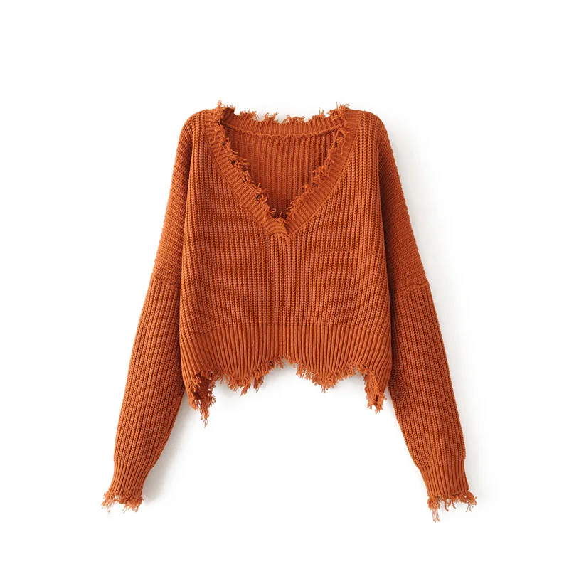 Solid V-neck Pullover Sweater Autumn Women New Loose Knitted Female Lantern Sleeve Holes Casual Short | Женская одежда