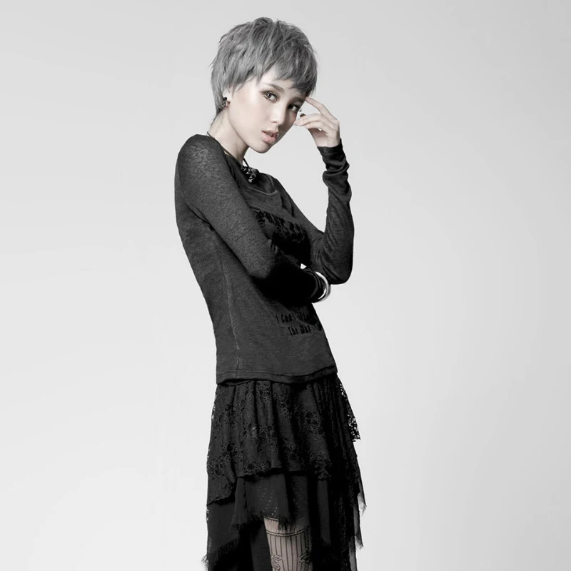 PUNK RAVE Gothic Punk Style Long Sleeve Tees Black Cross Knitted Full Color Printed Women T-Shirt | Женская одежда