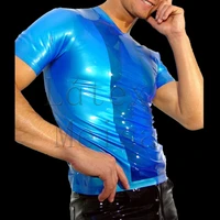 bling metallic blue tight latex t shirt short sleeve with 100 handmade