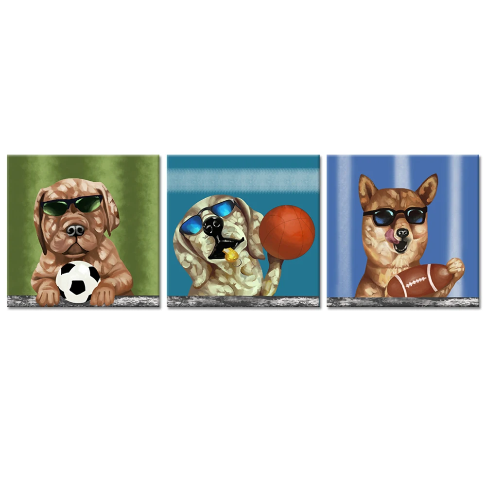 Веселые животные холст настенная живопись 3 предмета щенок собака игра в