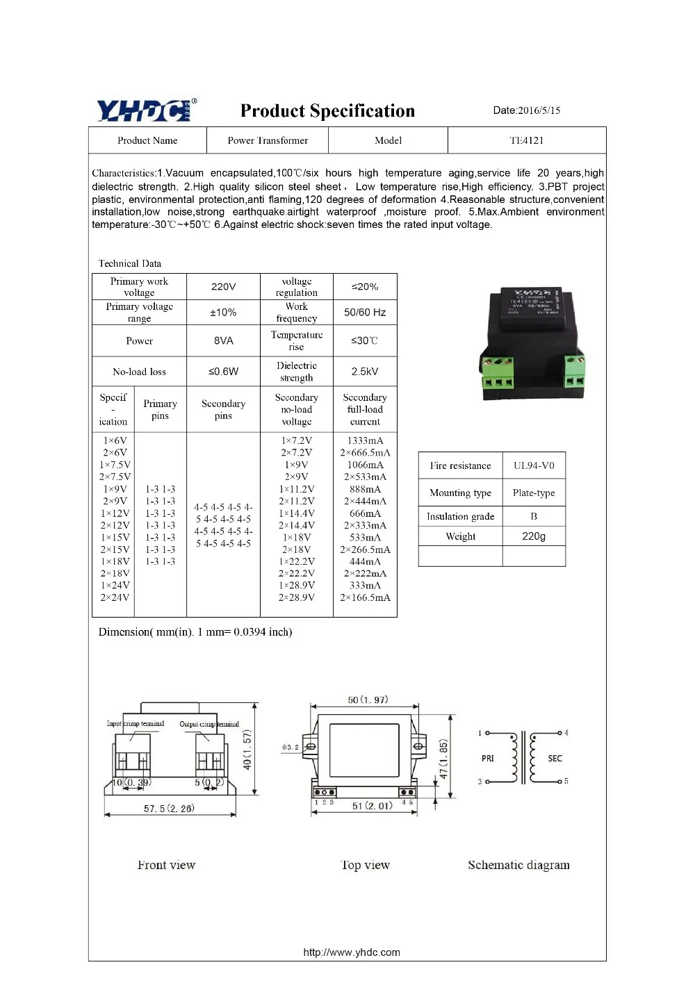 YHDC TE4121 мощность 8ва вход 220В выход 15В вакуумная эпоксидная инкапсулированная