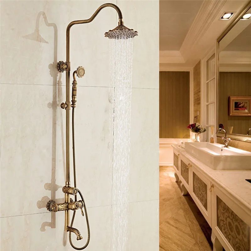 

Bathroom Shower Faucets Set Antique Brass Carved Bathtub Shower Mixer Tap Bath Shower Taps Rainfall Shower Head Wall Torneiras