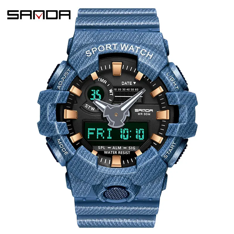 Blue SANDA, многофункциональные мужские часы, мужские часы с джинсовым узором, светодиодный, для спорта на открытом воздухе, наручные часы, G стиль, военные цифровые часы, relojes hombre - Цвет: Blue