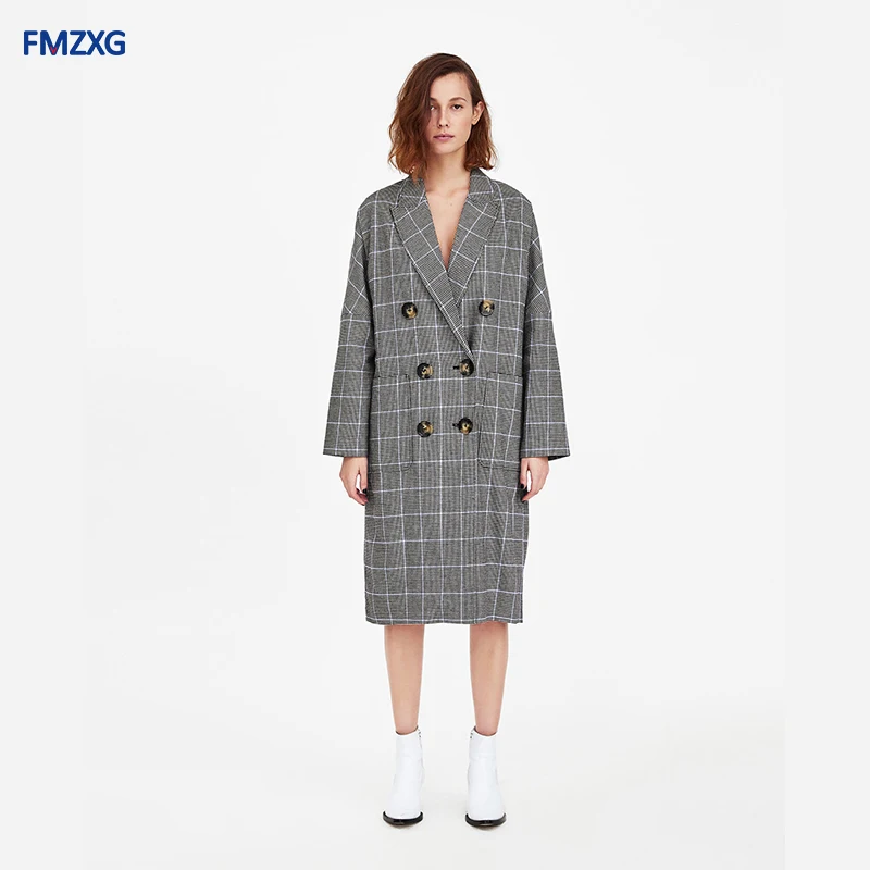 Women Warm Wool Blends Autumn Winter Coats Vintage Houndstooth Oversized High Quality Long Coat Female Double-breasted Jacket | Женская