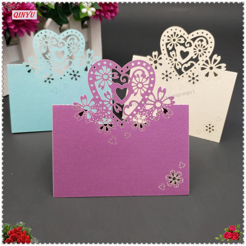 100 шт Полые Любовь Сердце Лазерная резка дизайн Свадебный ужин романтические