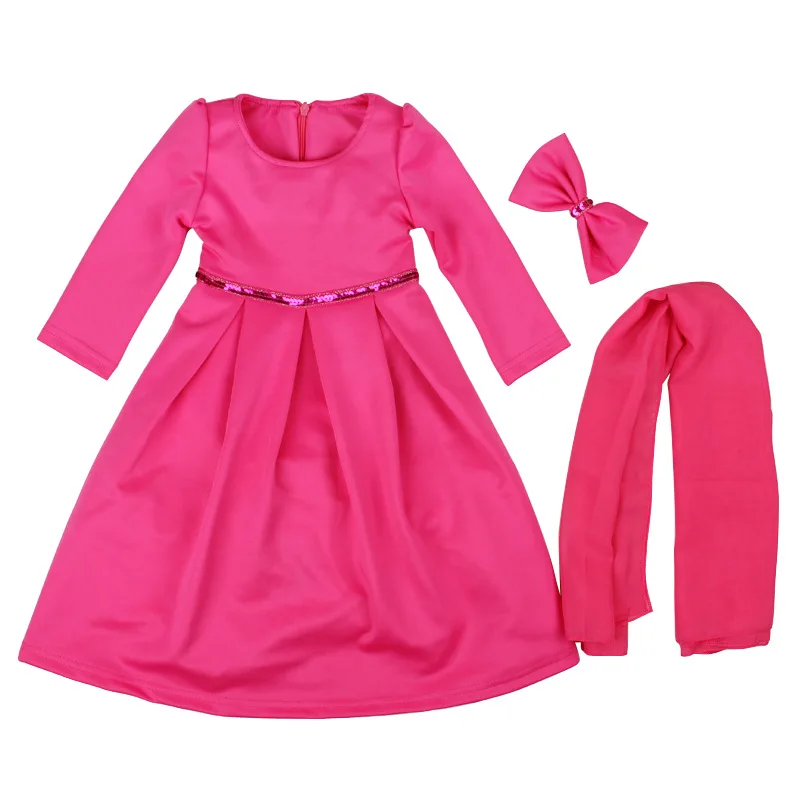 Muslim Girls Long Sleeve Dress+Headwear + Bow Three-Piece Suits Robe Enfant Fille Children Clothing Spring Autumn Dresses | Детская