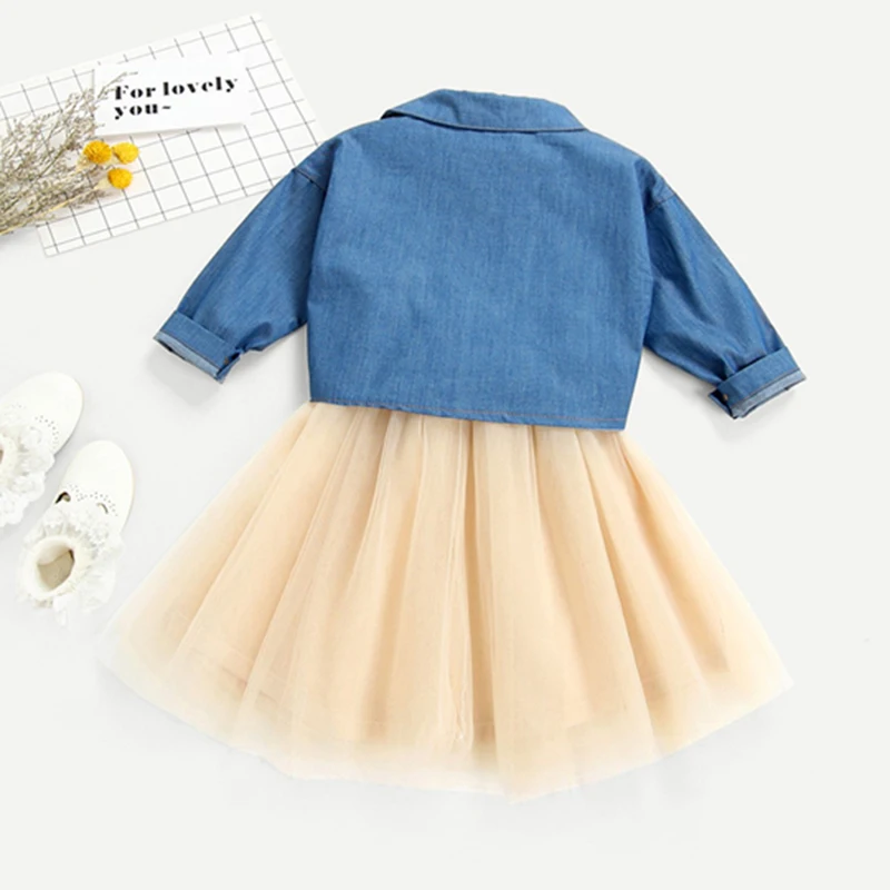 SHEIN Kiddie/комплект из джинсовой футболки с бантом и сетчатой юбки для маленьких девочек г. летние комплекты одежды с длинными рукавами для детей