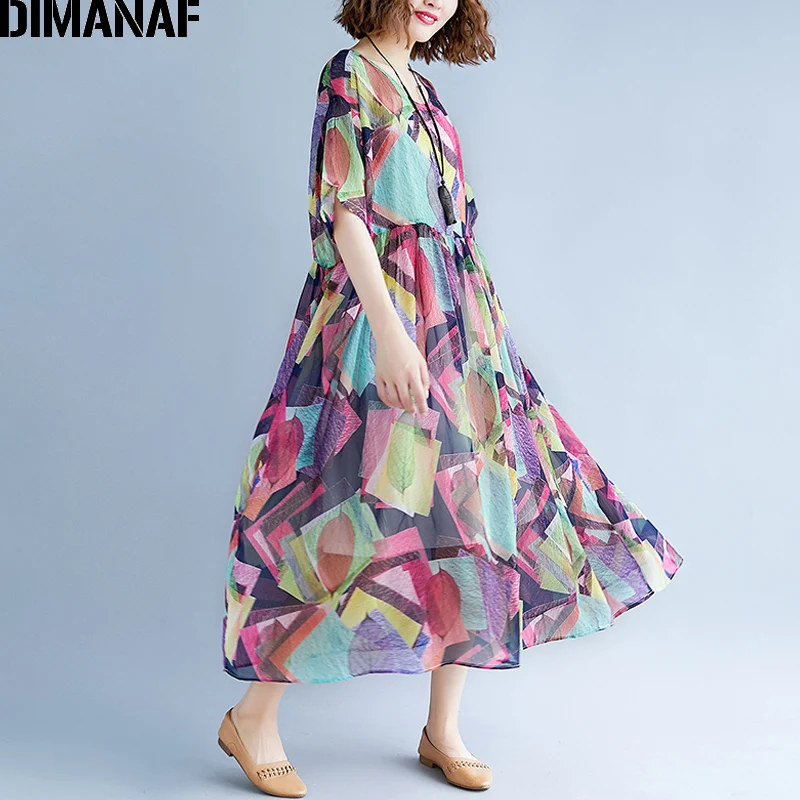 DIMANAF женское платье, летнее, размера плюс, шифон, Пляжное, праздничное, Vestidos Femme, элегантное, женское, сарафан, Большая одежда,, с подкладкой