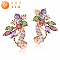 fym new fashion rose gold color flower shape women stud earring colorful cubic zirconia earrings female piercing ear jewelry