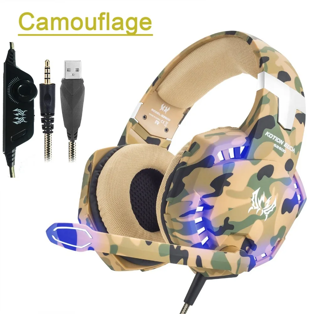 KOTION EACH G2600 камуфляжная стерео игровая гарнитура наушники с шумоподавлением с микрофоном светодиодный светильник для PS4/PC/Xbox One/iPad