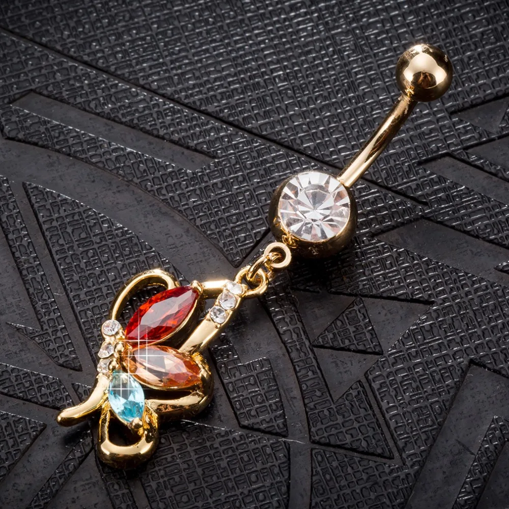 Cute butterfly Zircon chain gold color Navel Piercing Rings Belly Button Rings Surgical Steel Rhinestone Body Jewelry