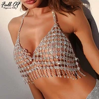 sexy women sparkling crystal hollow metal breast chain crop top sequins halter luxury nightclub party vests novel summer tops hl