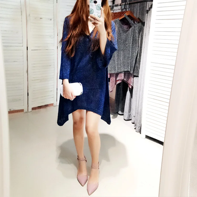 Женское асимметричное платье с люрексом Cakucool серебристое трикотажное длинными