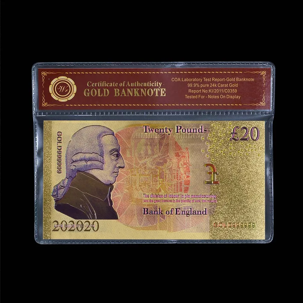 Цветная британская Золотая банкнота 20 фунтов + сертификат Новинка 1 шт.|gold