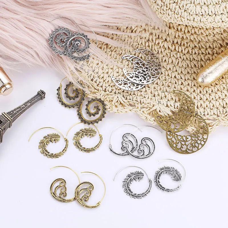 Boho Ethnic Style Vortex Gear Shape Crescent Empaistic Silver Plated Golden Drop Earrings Dangle For Women | Украшения и