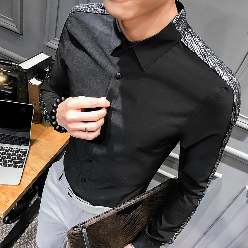 

Vestiti Eleganti Uomo Autumn 2019 Streetwear Korean Mens Shirts Long Sleeve Slim Fit Silver-pressed Mens Office Dress Shirts New