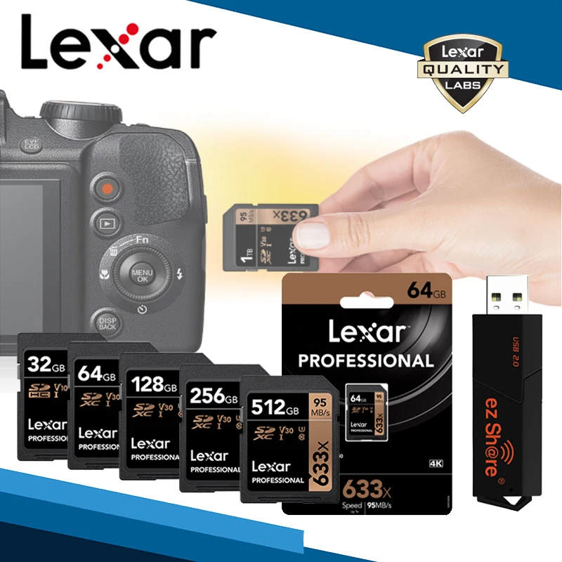Lexar 633x SD SDXC карты памяти и ez Share кард-ридер USB 2,0 64 Гб Память 32 Гб UHS-I 512 Гб класс 10 256 ГБ V30 128 ГБ U3 карта