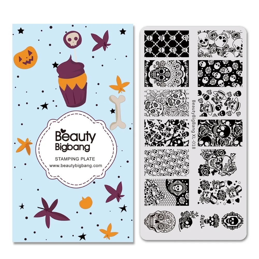 BBB XL-018 BeautyBigBang ногтей штамповки пластины Хэллоуин Забавный стиль череп шаблон для ногтей пластины прямоугольный трафарет штамп BBB XL-018 - Цвет: BBB XL-018