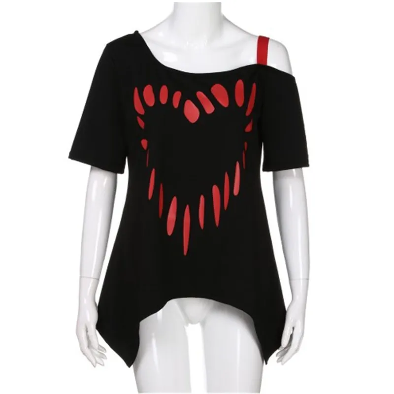 Женские повседневные футболки с принтом сердца Асимметричный топ на одно плечо