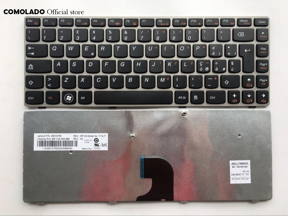 Итальянская клавиатура для Lenovo Z360 Z360A Z360G Z360P G360 G360A черная с серебристой рамкой |