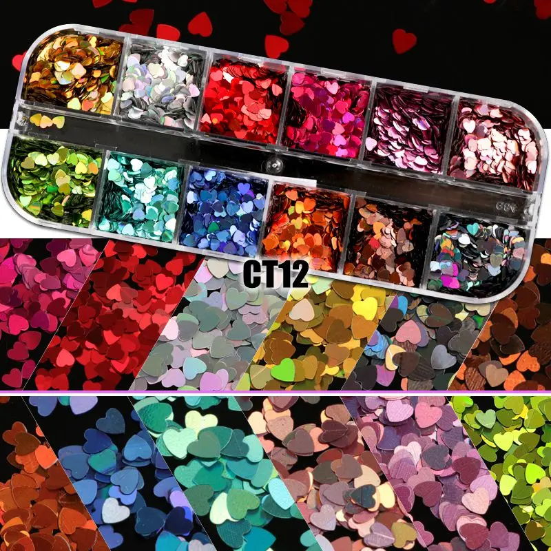 CT12 12 сетки/набор красочные AB Блеск пустые сердца звезды узоры для ногтей с блестками голографическая блестка нарезка для декора DIY CT22 - Цвет: CT12