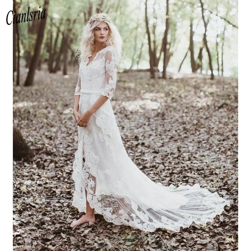 

2020 богемное пляжное свадебное платье, кружевное платье с коротким рукавом, сексуальное платье с открытой спиной и разрезом спереди, свадебн...