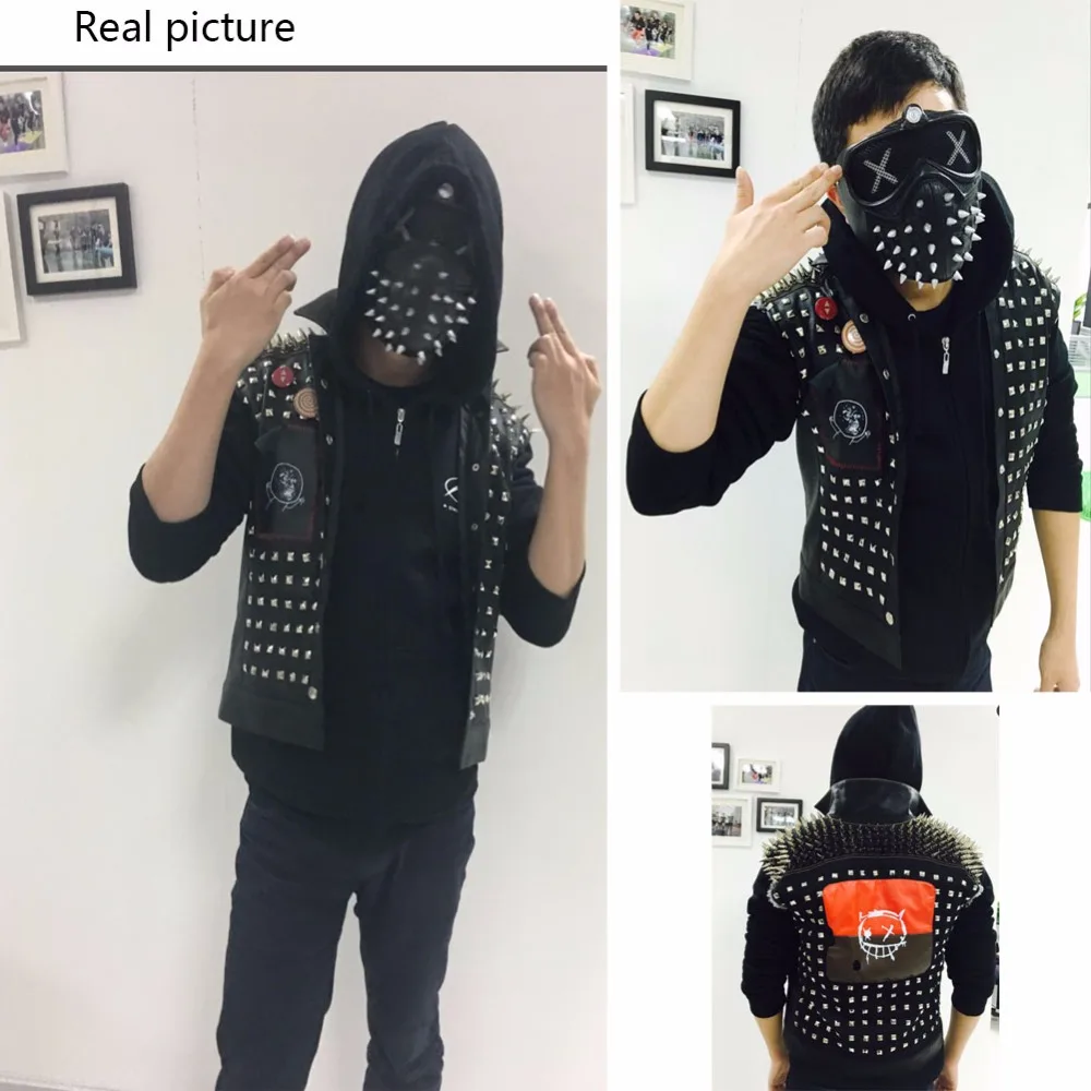 Маска ренча из watch dogs 2 Watch Dogs 2 Wrench Cosplay Vest Black Faux Leather Dedsec Rivet Vests Costume&Mask Badges