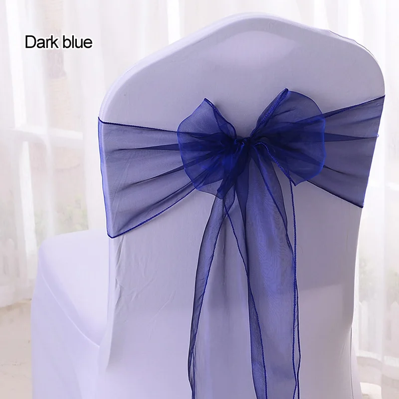 Dark Blue 100 шт. чехол на стул из органзы с бантом для свадебного банкета, праздника, дня рождения, украшения на стул из органзы с поясом, декор на стул - Цвет: Dark Blue