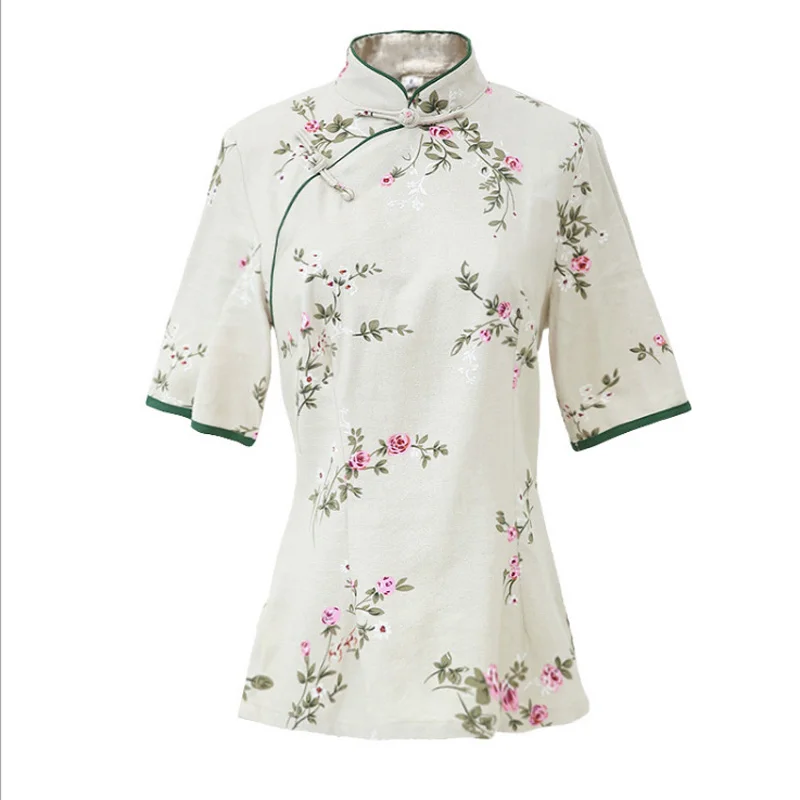 Женская рубашка с коротким рукавом DIDUQIPAO Повседневная из хлопка и льна лето