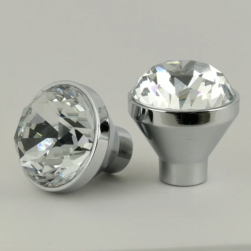 

25mm 30mm glass diamond drawer shoe cabinet knobs pulls silver chrome glass crystal cupboard dresser door handles knobs modern