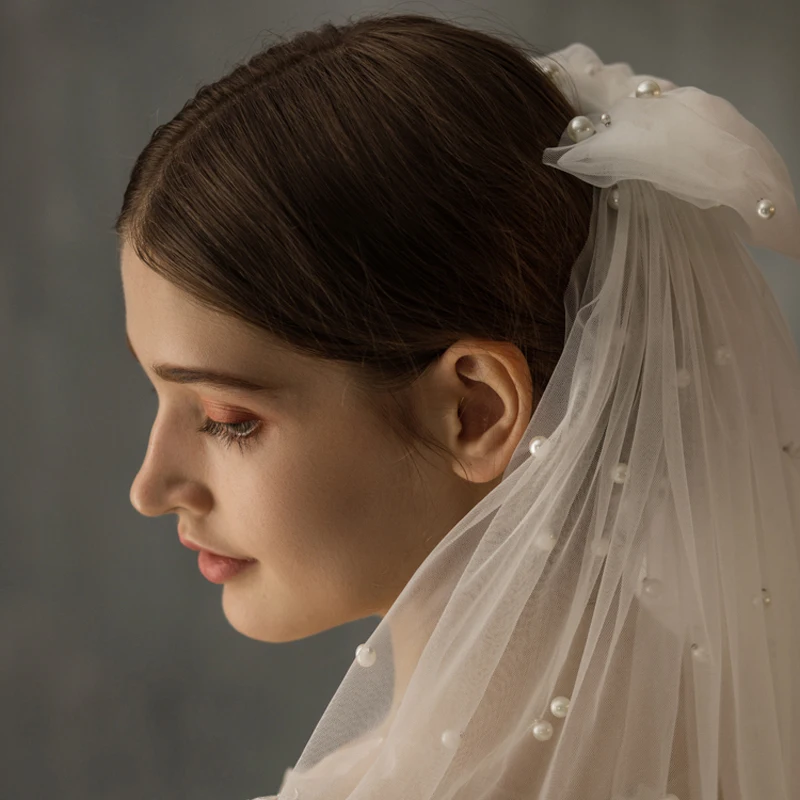 SLBRIDAL двухслойные жемчужины бантом свадебные фаты для лица с гребни невесты Фата свадебная одежда аксессуары для невесты Mariage для женщин
