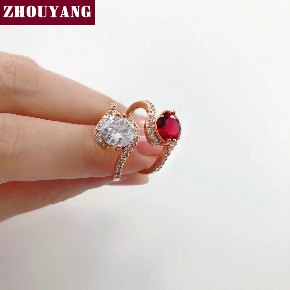 ZHOUYANG, обручальные кольца для женщин, классические, яркие, 8 мм, прозрачные/красные, фианит, розовое золото, цвет, модное ювелирное изделие, подарок R389 R399
